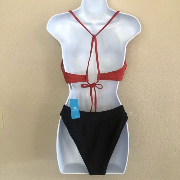 Cupshe Texturized Criss Cross Self Tie Spaghetti Straps Cheeky Bikini Swim Set - Picture 2 of 16